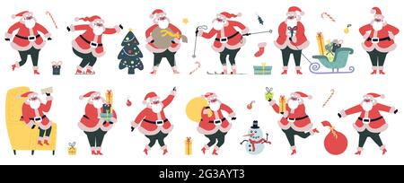 Cute Babbo Natale. Natale inverno vacanze personaggi, Santa allegra con regali vettore illustrazione set. Divertente mascotte di Natale Illustrazione Vettoriale