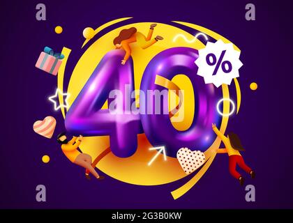 Vendita mega. 40% di sconto. Offerta speciale 40% sfondo con persone in volo. Poster o banner della promozione. Illustrazione vettoriale Illustrazione Vettoriale