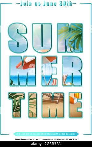 Modello di banner vettoriale per la vendita estiva con lettere grandi e sfondo sulla spiaggia. Illustrazione Vettoriale