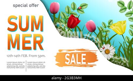 Vettore estate vendita modello banner orizzontale con fiori estivi e bug. Illustrazione Vettoriale