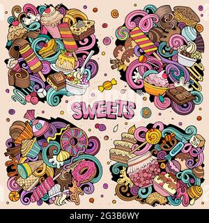 Sweet food cartone animato vettore doodle disegni set. Composizioni colorate e dettagliate con molti oggetti e simboli da dessert. Tutti gli elementi sono separati Illustrazione Vettoriale