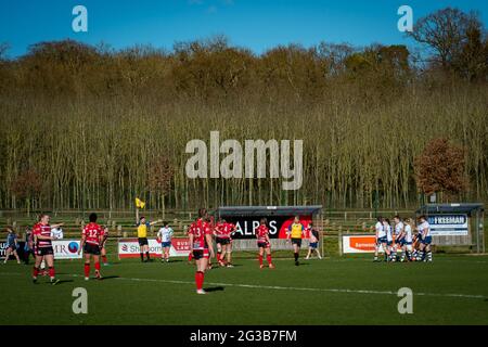 Hartpury, Gloucestershire, Inghilterra. 27 febbraio 2021. Allianz Premier 15s match tra Gloucester-Hartpury Women e Bristol Bears Women. Foto Stock