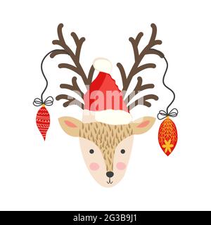 Illustrazione di Natale con carino cervo cartoon in stile doodle in un cappello di santa con palloncini sulle corna Illustrazione Vettoriale