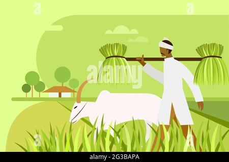 Un contadino che tiene un mazzo di giovani pianta sulle sue spalle cammina attraverso un campo di risaie Illustrazione Vettoriale