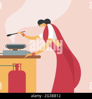 Una donna che indossa la cucina 'sari' in una cucina con stufa a gas Illustrazione Vettoriale