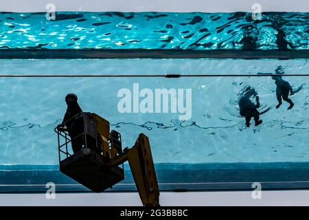 Londra, Regno Unito. 15 giugno 2021. I pulitori delle finestre vengono a lavare l'esterno usando un picker di ciliegia - Embassy Gardens, Nine Elms, residenti e i loro ospiti godono di accesso esclusivo alla Sky Pool sotto il sole. La piscina trasparente lunga 25 metri è realizzata interamente in acrilico e si estende tra i tetti degli edifici Legacy. Credit: Guy Bell/Alamy Live News Foto Stock