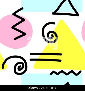 Motivo senza giunture stile Memphis. Elementi geometrici in giallo, blu, rosa, nero. Cerchi, triangoli, quadrati, zig-zag, strisce, spirali su un bianco ba Illustrazione Vettoriale