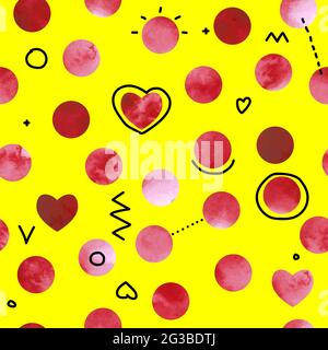 Modello vettoriale senza giunture per coltura Zin. Collage di colori con accenti acquerelli e tratto nero. Puntini e cuori dipinti a mano di rosso e rosa su un bac giallo Illustrazione Vettoriale