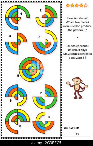 Puzzle astratto di logica visiva: Come si fa? Quali due pezzi sono stati utilizzati per produrre il modello 5? Risposta inclusa. Illustrazione Vettoriale