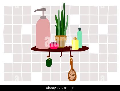 Interni Scandinavian Cosy Vector. Scaffale con cosmetici sulla parete in piastrelle in bagno. Hygge minimalistico illustrazione disegnata a mano con piante domestiche Illustrazione Vettoriale