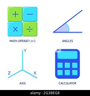 Icone matematiche impostate in stile piatto. Operazioni matematiche di base, calcolatrice, assi e angoli. Illustrazione vettoriale. Illustrazione Vettoriale