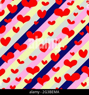 Motivo vettoriale senza giunture di cuori rossi disegnati a mano su diagonale ripetendo colori unicorno strisce sfondo. Elemento festivo per San Valentino, febbraio 14. Illustrazione Vettoriale