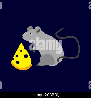 Divertente mouse grigio disegnato a mano con un pezzo di formaggio. Illustrazione vettoriale di Kawaii su sfondo blu in stile cartoon. Un'immagine della cura degli animali e degli animali domestici Illustrazione Vettoriale