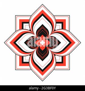 Vettore geometrico astratto fiore. Pianta ornamentale isolata su sfondo bianco. Ornamento floreale simmetrico. Rosso con quadrato nero, mandala cerchio. L Illustrazione Vettoriale