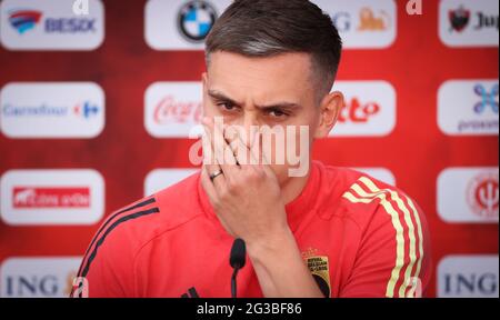 Il Trossard di Leandro in Belgio ha ritratto durante una riunione stampa della squadra nazionale belga di calcio Red Devils, a Tubize, martedì 15 giugno 2021. La squadra i Foto Stock