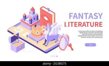 Letteratura fantasy - banner Web isometrico moderno e colorato con spazio di copia per il testo. Un'illustrazione con oggetti magici, personaggi fiabeschi su Smart Illustrazione Vettoriale