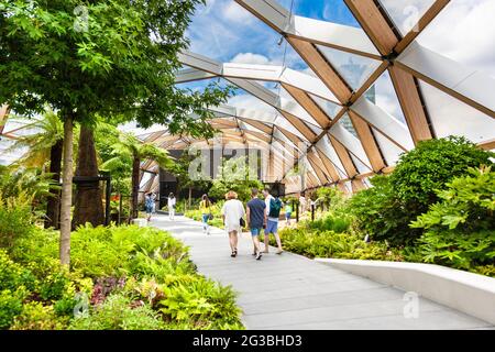 Luogo Crossrail giardino sul tetto al di sopra del nuovo Crossrail treno dalla stazione di Canary Wharf, London, Regno Unito Foto Stock