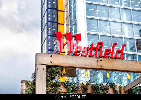 Logo del centro commerciale Westfield Stratford a Stratford, Londra, Regno Unito Foto Stock