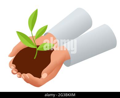 Concetto isometrico di crescita, nuova vita, protezione dell'ambiente e impianto organico. Germoglio con mano. Avvio, profitto, crescita, successo, investimenti Illustrazione Vettoriale