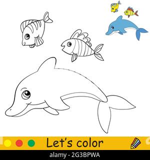 Cartoon carino delfino e pesce. Colorare la pagina del libro con il modello colorato per i capretti. Illustrazione vettoriale isolata. Per colorare libro, stampa, gioco, educa Illustrazione Vettoriale