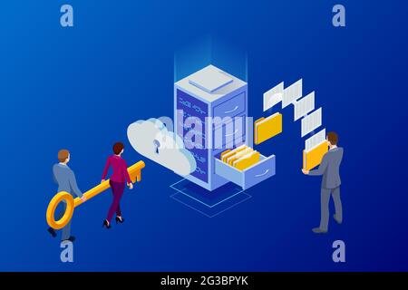 Concetto di cloud computing isometrico rappresentato da un server, con un concetto di ologramma di rappresentazione cloud. Cloud del data center, connessione al computer Illustrazione Vettoriale