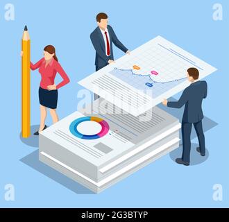 Pila isometrica di documenti. Concetto di burocrazia. Analisi dei dati, Statistiche aziendali, Gestione, Consulenza, Marketing. Illustrazione Vettoriale