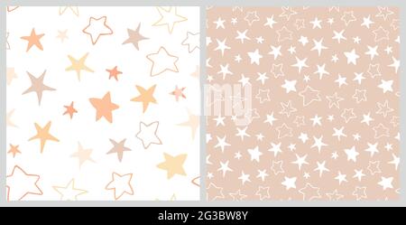 Divertente pallido poodle stelle modello senza giunture. Il cielo notturno disegnato a mano ripete lo sfondo di colore bianco e beige pastello. Per tessuti, involucri, inviti, biglietti, scrapbooking o sfondi. Illustrazione Vettoriale