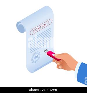 E-contract isometrico con firma elettronica vicino. Documento elettronico, modulo digitale allegato al documento trasmesso elettronicamente, verifica dell'intento Illustrazione Vettoriale