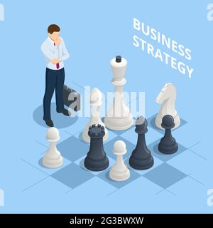Strategia aziendale concettuale. Uomini d'affari isometrici che giocano a scacchi raggiungendo per pianificare la strategia per il successo. Raggiungimento degli obiettivi strategia aziendale per win Illustrazione Vettoriale