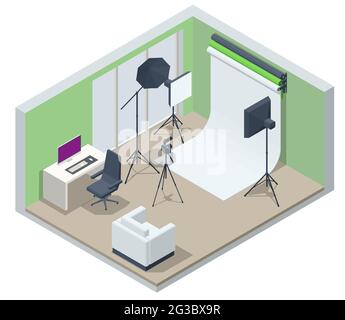 Video isometrico Blogger registrazione video con fotocamera. Apparecchiature per la realizzazione di video per blog, vlog review o streaming online. Anello luminoso della lampada da studio Illustrazione Vettoriale