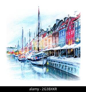 Matite acquerello schizzo di Nyhavn con facciate colorate di vecchie case e navi nel centro storico di Copenhagen, capitale della Danimarca. Foto Stock