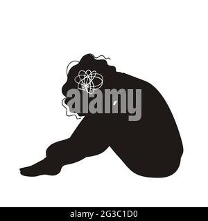 Concetto di salute mentale. Silhouette femminile triste con depressione seduta sul pavimento. Illustrazione vettoriale colorata in stile cartoon piano Illustrazione Vettoriale