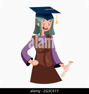 laureata ragazza che indossa abito accademico e cappuccio, tenendo un diploma. Cerimonia di laurea virtuale Illustrazione Vettoriale