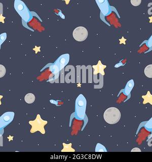 Motivo senza cuciture con razzi e stelle. Illustrazione dell'abbigliamento per bambini. Illustrazione Vettoriale