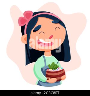 Carina ragazza confettiera con una torta in mano. Illustrazione vettoriale. Illustrazione Vettoriale