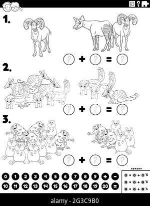 Cartoni animati bianco e nero illustrazione di istruzione matematico aggiunta puzzle compito con fumetti caratteri animali selvatici colorazione pagina del libro Illustrazione Vettoriale