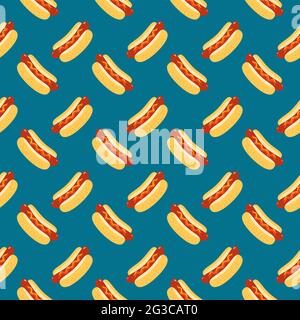 Sfondo del pattern senza giunture vettoriale Hot Dog. Salsiccia fritta in panna, semi di sesamo, senape, ketchup cartone animato elemento di design. Illustrazione Vettoriale