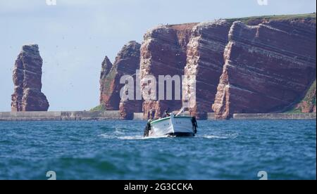 Helgoland, Germania. 15 giugno 2021. Le rocce di guillemot dell'isola d'altura di Helgoland sono visibili dall'acqua. A sinistra della foto si trova la Lange Anna. Ogni anno a metà giugno, uno spettacolo incomparabile inizia su Helgoland: i pulcini guillemot saltano dalla roccia di guillemot a circa 40 metri di profondità ai loro genitori in acqua. Ma a volte un salto finisce dietro un muro. 8to dpa 'Fall into the Sea - The guillemot Jump on Helgoland has beged') Credit: Marcus Brandt/dpa/Alamy Live News Foto Stock