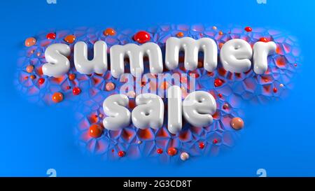 Saldi estivi lettere lucide bianche su sfondo blu astratto. 3d illustrazione Foto Stock