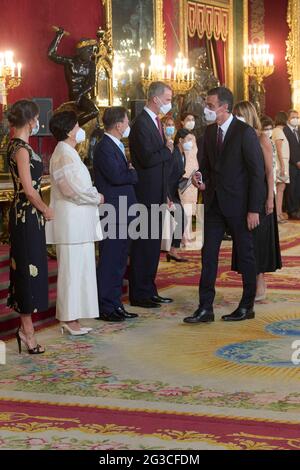 Madrid, Spagna. 15 giugno 2021. Re spagnolo Felipe VI, Regina Letizia Ortizia durante una cena di gala al Palazzo reale, a Madrid, a causa del viaggio ufficiale del presidente Soth Corea in Spagna, a Madrid martedì 15 giugno 2021. Credit: STAMPA CORDON/Alamy Live News Foto Stock