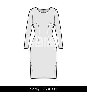 Abito guaina tecnica moda illustrazione con maniche lunghe, corpo montato, lunghezza ginocchio gonna a matita. Parte anteriore dell'abbigliamento piatto, colore grigio. Donne, uomini unisex CAD mockup Illustrazione Vettoriale