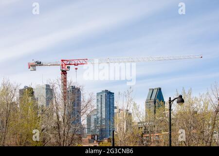 Vista di un'alta gru sullo skyline dell'edificio in una città con una piccola foresta con alberi e nuove foglie in primavera con cielo blu e luce solare Foto Stock