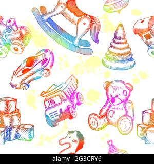 Lo sfondo trasparente dei giocattoli colorati per bambini è disegnato con una penna. Illustrazione vettoriale Illustrazione Vettoriale