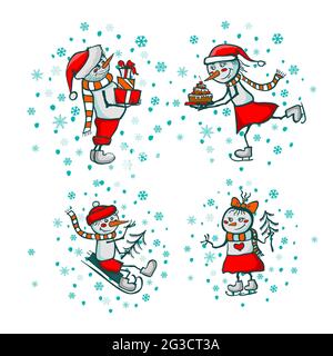 Famiglia di simpatici pupazzi di neve. Stampe T-shirt. Look familiare. Buon Natale. Illustrazione vettoriale Illustrazione Vettoriale