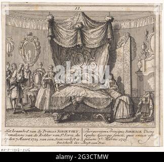 Maria Clementina Sobieska nel lettino del bambino; i principi Sobietsky maternità letto, Gemalinne di San Ioris, che è riscattato da un presto il 7 marzo 1725. La principessa Maria Clementina Sobieska si trova nella doccia per bambini. Nel suo amen tiene suo figlio Henry Benedetto Stuart. A sinistra e a destra del letto singolo courtes. A sinistra si trova suo marito, il trono che teme James Francis Edward. In basso a sinistra un testo a tre zampe in olandese con una spiegazione delle prestazioni e a destra una spiegazione simile in latino. Foto Stock