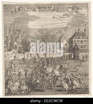 Gioco per bambini. Sullo sfondo del Voorhout all'Aia, i bambini giocano, tra l'altro, cieco, lepre, padri e madre, saltando, aquiloni e palafitte. Al centro un grande gruppo di bambini fa una processione che marciò i soldati. Su un banderle il testo 'Child's play; ex nugis seria'. Foto Stock
