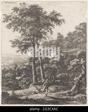 Apollo e Daphne; Paesaggi con scene delle metamorfosi di Ovidio. Apollo insegue Daphne attraverso un paesaggio collinare e boscoso. Tiene un arco nella sua mano destra. Foto Stock