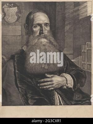 Ritratto di Willem de Rijck. Il medico oculista di Amsterdam Willem de Rijck all'età di 46 anni. Ha la mano sul petto. Oltre a lui sono prenotazione e dietro di lui appende uno stemma. Foto Stock