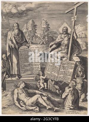 Allegoria sulla redenzione dell'umanità. Collega Mosè con le tavole della legge. Cristo destro sulla Croce. Ai suoi piedi una bibbia benedetta circondata dai simboli dei quattro evangelisti. Sopra la Bibbia il piccione dello Spirito Santo. Dietro Mosè c'è la morte che con la sua lancia nel corpo senza vita di una luna. Lo stesso uomo viene rimandato e prega per la Bibbia di destra. Sullo sfondo la predicazione di Giovanni Battista. Foto Stock