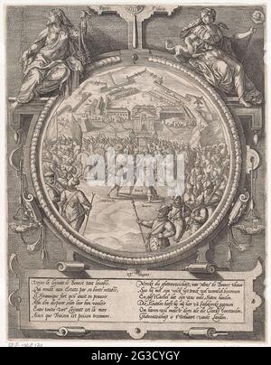 Le chiavi della cittadella sono trasferite a Liedekercke, 1577; medaglioni con la conquista della Cittadella di Anversa nel 1577. Le chiavi della cittadella sono trasferite da Borsa a Liedekercke, 23 agosto 1577. Liedekercke, Bourse e Roeck circondati da soldati, sullo sfondo della cittadella. Presentazione in un medaglione rotondo con cornice allegorica ornamentale con le personificazioni femminili sedute della ragione (ratio) e dei fedeli (Fiducia) in cima. In fondo a una cartouche con 2 versi di 6 regole ciascuno in francese e olandese. Foto Stock